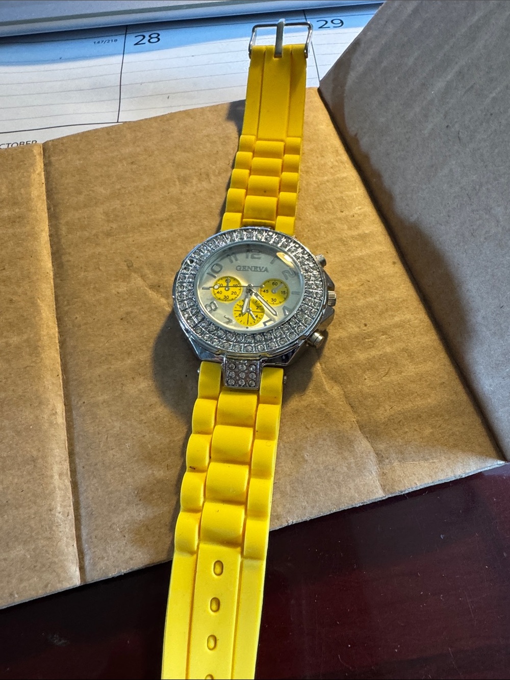 Geneva Yellow Silicone Crystal Accent Watch with Silver-tone Case